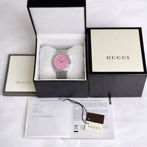 Gucci 25H Pink Silver Watch YA163410 Women's Size 38